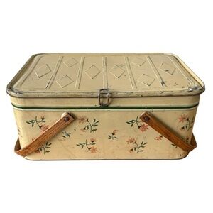 Tin Picnic Box Yellow with Pink Flowers Vintage 1950's